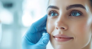 Nahaufnahme eines Gesichts, das von einer Hand mit blauem Handschuh an der Wange berührt wird.